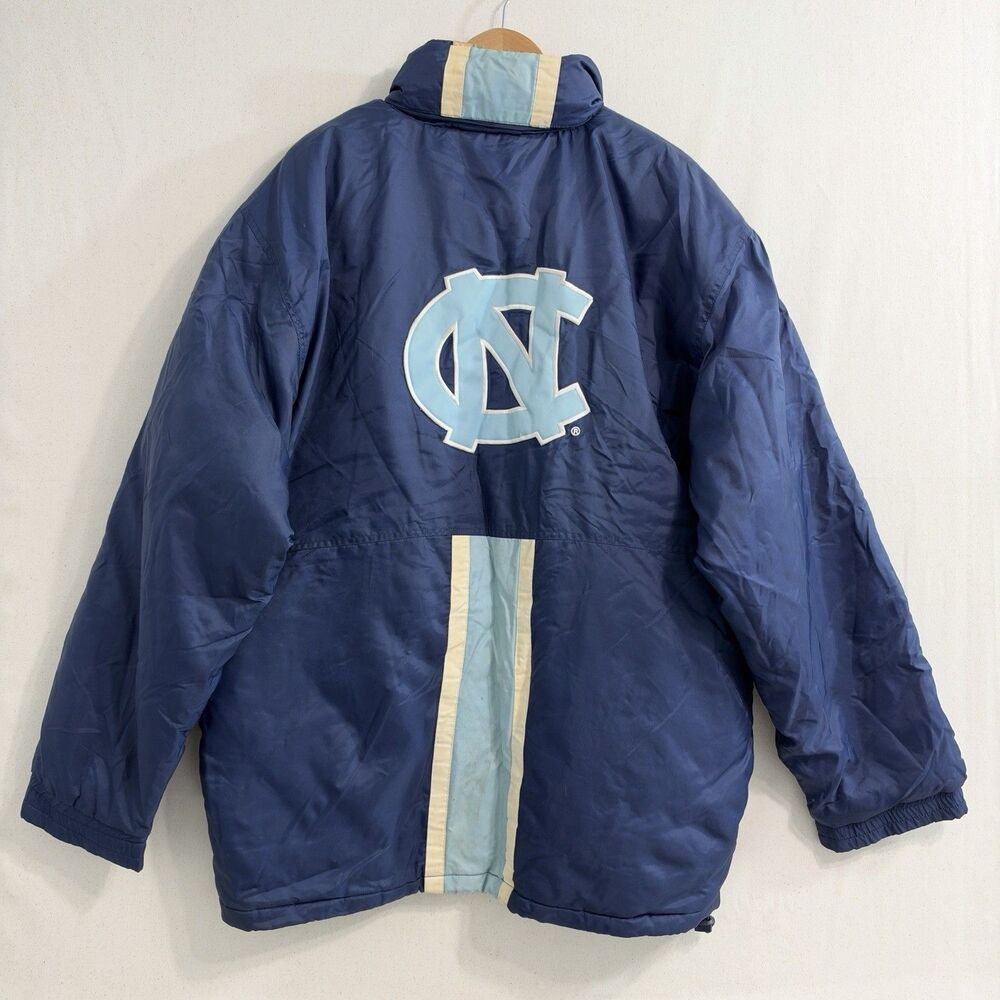 Vintage North Carolina Tar Heels UNC Puffer Coat Men’s XL Hooded Jacket Distress
